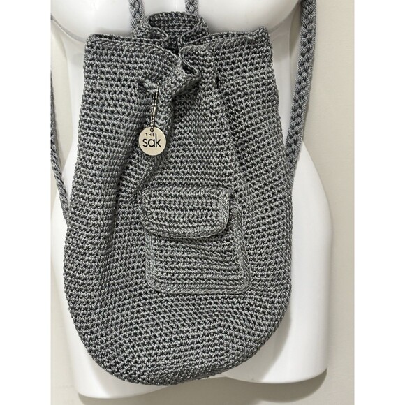 The Sak Bohemian Gray Crochet Drawstring Backpack  Bucket Bag Purse - Picture 1 of 13